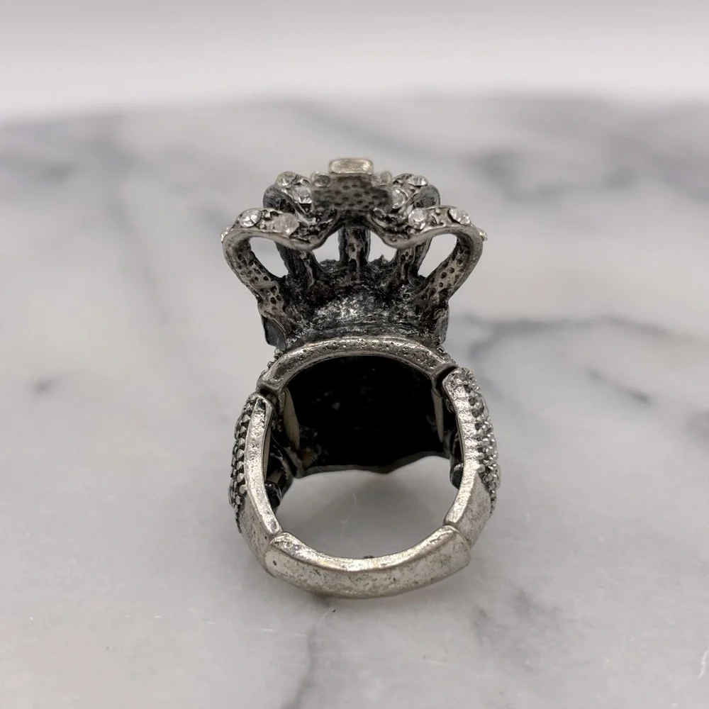 Antique Silver Tone & Crystal SKULL King Ring with Crown‎
